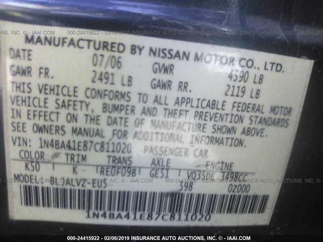 1N4BA41E87C811020 - 2007 NISSAN MAXIMA SE/SL GRAY photo 9