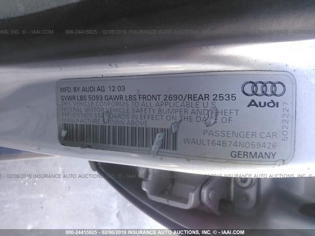 WAULT64B74N059426 - 2004 AUDI A6 3.0 QUATTRO SILVER photo 9