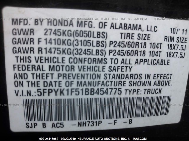 5FPYK1F51BB454775 - 2011 HONDA RIDGELINE RTL BLACK photo 9