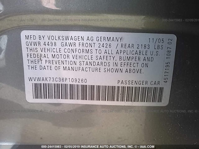 WVWAK73C36P109260 - 2006 VOLKSWAGEN PASSAT 2.0T/2.0T VALUE GRAY photo 9