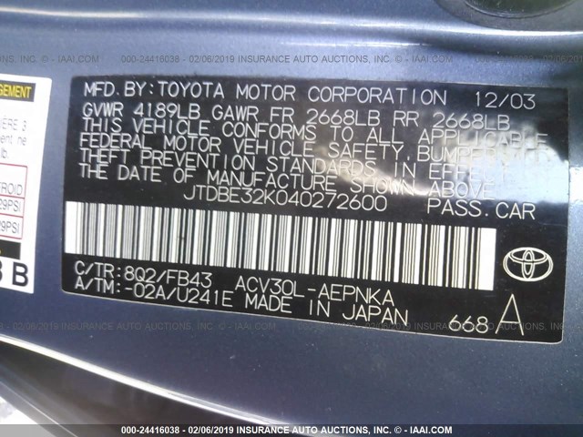 JTDBE32K040272600 - 2004 TOYOTA CAMRY LE/XLE BLUE photo 9