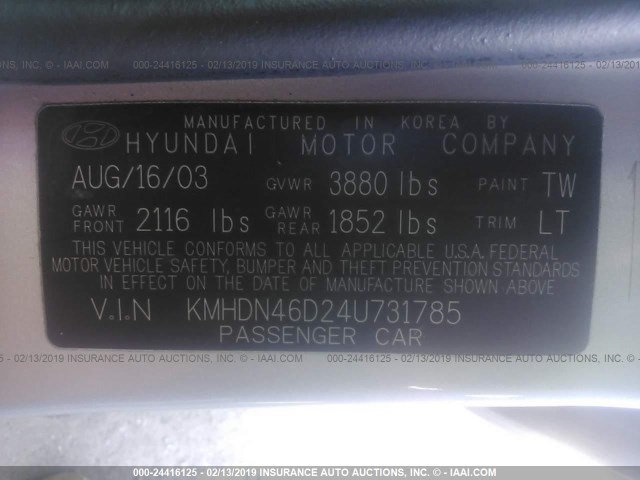 KMHDN46D24U731785 - 2004 HYUNDAI ELANTRA GLS/GT SILVER photo 9