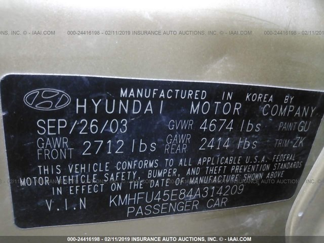 KMHFU45E84A314209 - 2004 HYUNDAI XG 350 GOLD photo 9