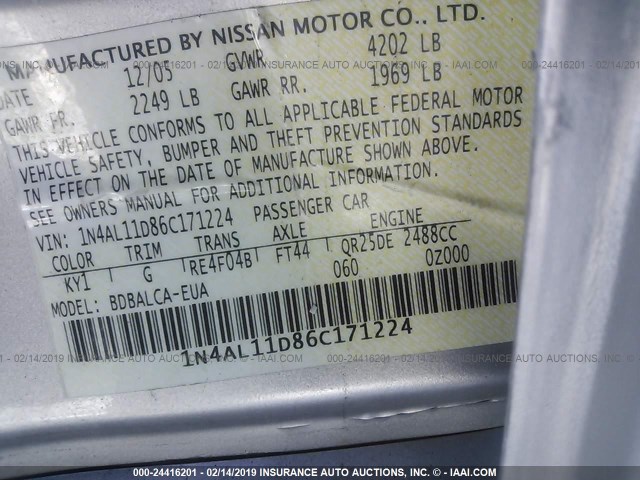 1N4AL11D86C171224 - 2006 NISSAN ALTIMA S/SL SILVER photo 9