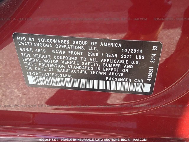 1VWAT7A31FC033865 - 2015 VOLKSWAGEN PASSAT S RED photo 9