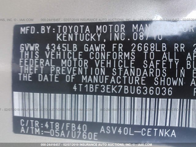 4T1BF3EK7BU636036 - 2011 TOYOTA CAMRY SE/LE/XLE ოქროსფერი ფოტო 9