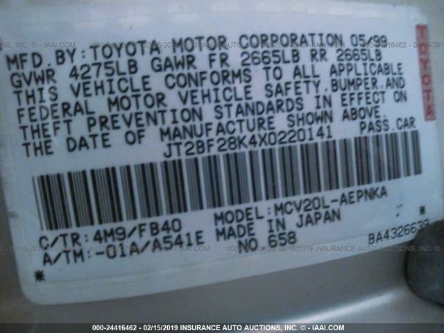 JT2BF28K4X0220141 - 1999 TOYOTA CAMRY LE/XLE GOLD photo 9