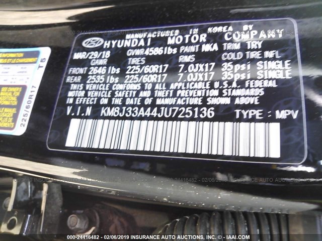 KM8J33A44JU725136 - 2018 HYUNDAI TUCSON LIMITED/SPORT AND ECO/SE BLACK photo 9