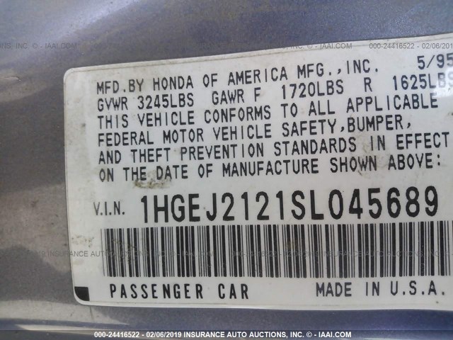 1HGEJ2121SL045689 - 1995 HONDA CIVIC DX BLUE photo 9