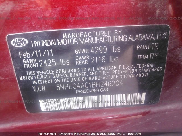 5NPEC4AC1BH246204 - 2011 HYUNDAI SONATA SE/LIMITED RED photo 9