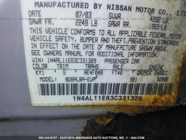 1N4AL11E63C331329 - 2003 NISSAN ALTIMA S/SL SILVER photo 9