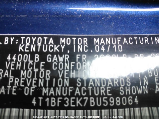 4T1BF3EK7BU598064 - 2011 TOYOTA CAMRY SE/LE/XLE BLUE photo 9