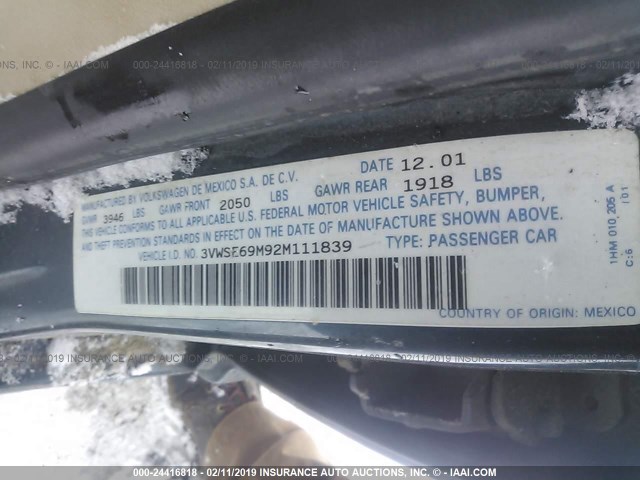 3VWSE69M92M111839 - 2002 VOLKSWAGEN JETTA GLS Կանաչ լուսանկար 9