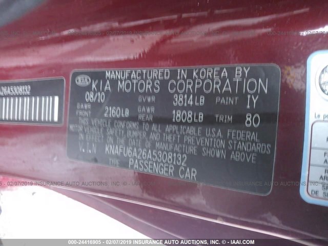 KNAFU6A26A5308132 - 2010 KIA FORTE EX RED photo 9