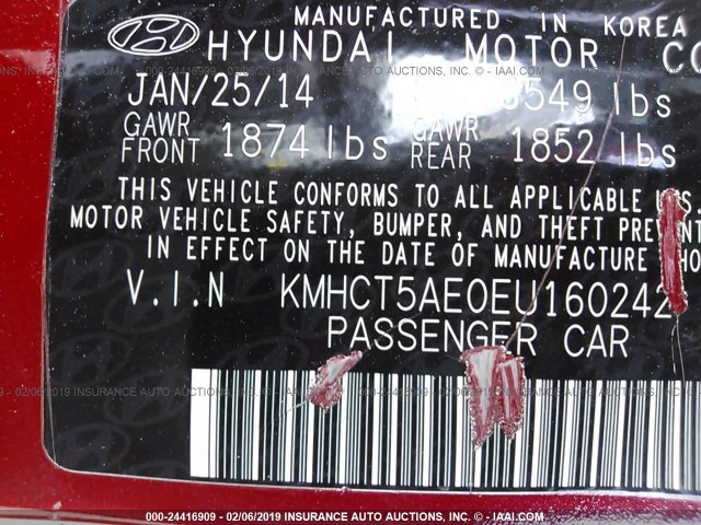 KMHCT5AE0EU160242 - 2014 HYUNDAI ACCENT GLS/GS RED photo 9