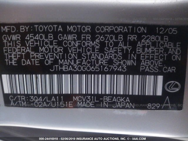 JTHBA30G065167943 - 2006 LEXUS ES 330 SILVER photo 9