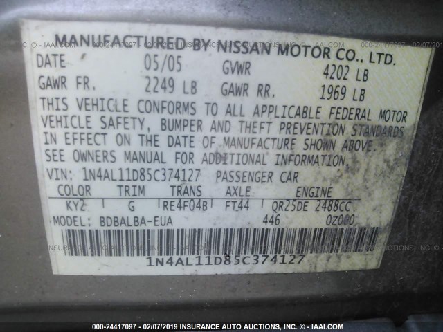 1N4AL11D85C374127 - 2005 NISSAN ALTIMA S/SL BEIGE photo 9