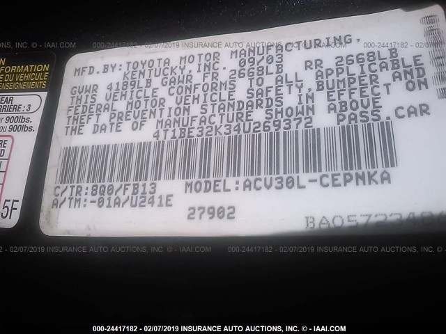 4T1BE32K34U269372 - 2004 TOYOTA CAMRY LE/XLE/SE BLUE photo 8