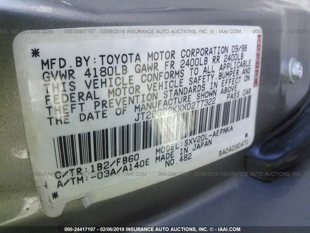 JT2BG22KXX0277322 - 1999 TOYOTA CAMRY LE/XLE GRAY photo 9