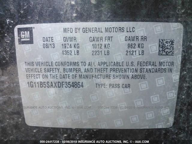 1G11B5SAXDF354864 - 2013 CHEVROLET MALIBU LS BLACK photo 9