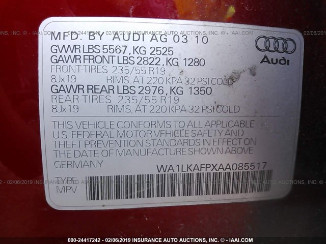 WA1LKAFPXAA085517 - 2010 AUDI Q5 PREMIUM PLUS RED photo 9