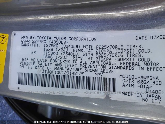 JTJGF10U120148129 - 2002 LEXUS RX 300 GRAY photo 9