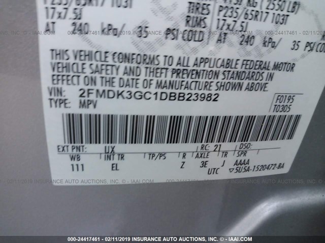 2FMDK3GC1DBB23982 - 2013 FORD EDGE SE SILVER photo 9