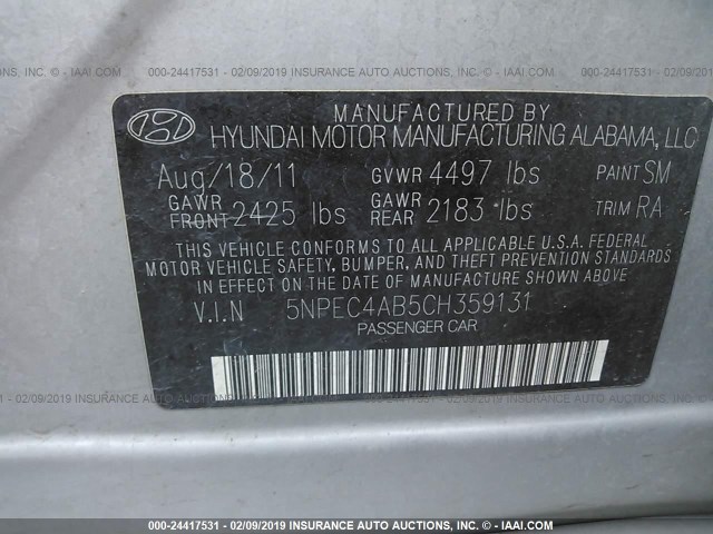 5NPEC4AB5CH359131 - 2012 HYUNDAI SONATA SE/LIMITED SILVER photo 9