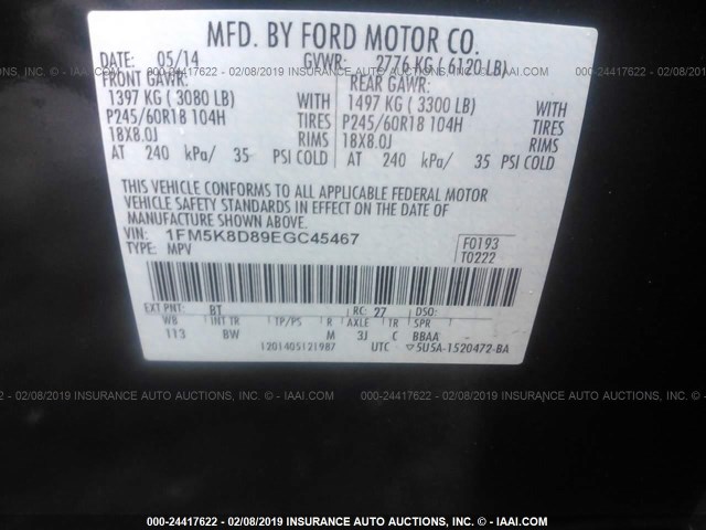 1FM5K8D89EGC45467 - 2014 FORD EXPLORER XLT BLACK photo 9