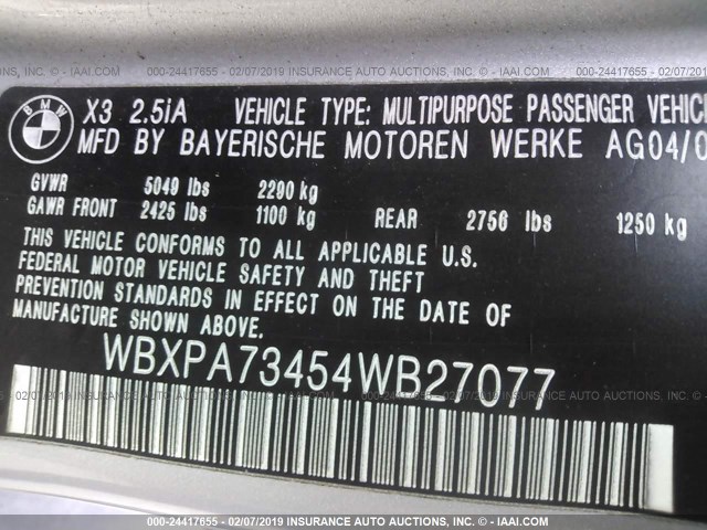 WBXPA73454WB27077 - 2004 BMW X3 2.5I SILVER photo 9