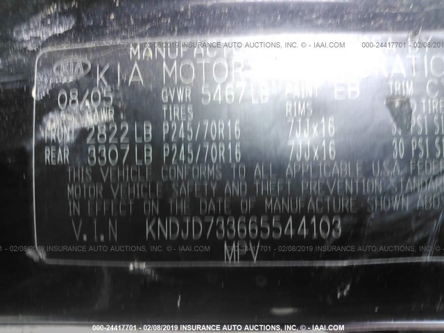 KNDJD733665544103 - 2006 KIA SORENTO EX/LX BLACK photo 9