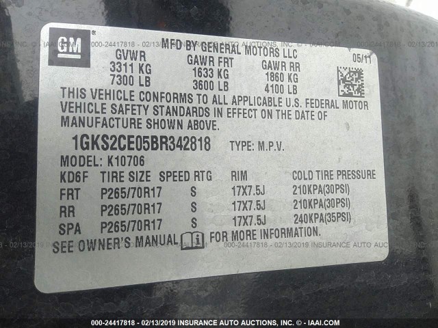 1GKS2CE05BR342818 - 2011 GMC YUKON SLT 黑色 照片 9
