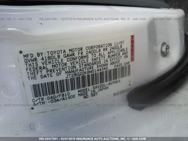 JT2BG22K8W0144346 - 1998 TOYOTA CAMRY CE/LE/XLE WHITE photo 9