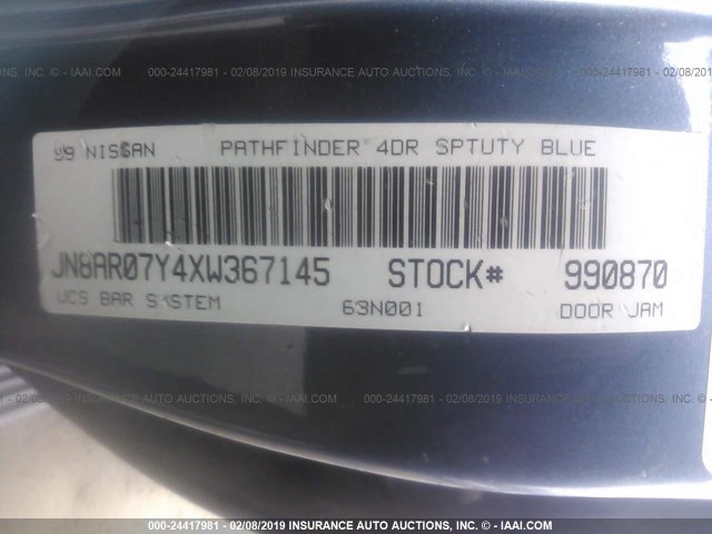 JN8AR07Y4XW367145 - 1999 NISSAN PATHFINDER LE/SE/XE Light Blue photo 9