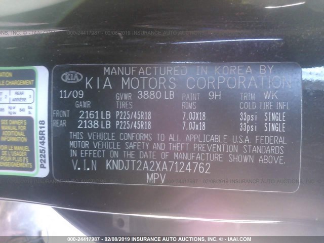 KNDJT2A2XA7124762 - 2010 KIA SOUL +/!/SPORT BLACK photo 9