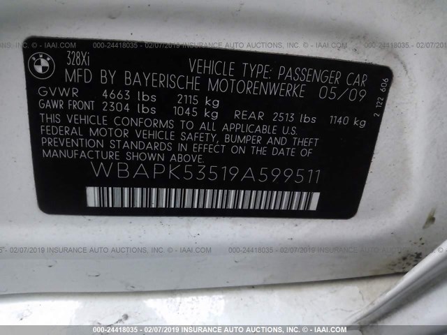 WBAPK53519A599511 - 2009 BMW 328 XI SULEV WHITE photo 9