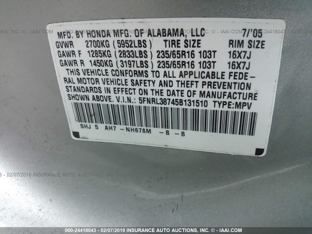 5FNRL38745B131510 - 2005 HONDA ODYSSEY EXL SILVER photo 9