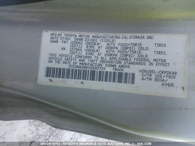 5TESN92NX3Z280733 - 2003 TOYOTA TACOMA XTRACAB PRERUNNER SILVER photo 9