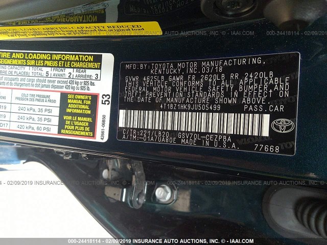 4T1BZ1HK9JU505499 - 2018 TOYOTA CAMRY XSE/XLE Tünd mavi foto 9