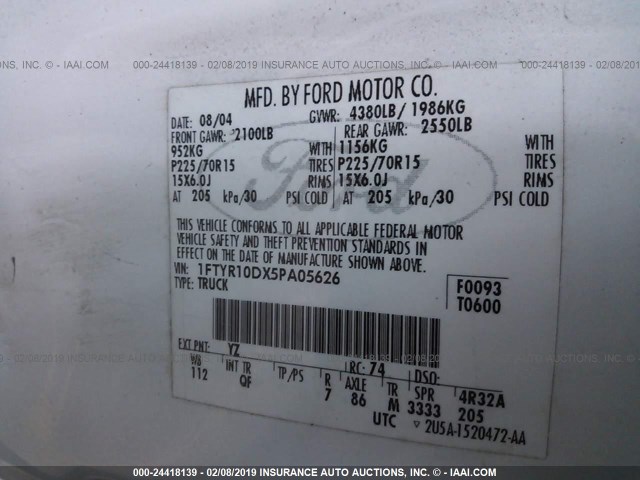 1FTYR10DX5PA05626 - 2005 FORD RANGER WHITE photo 9