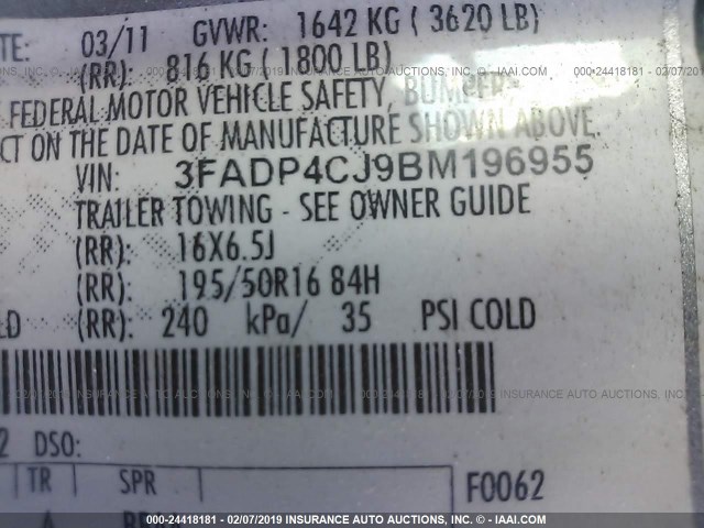 3FADP4CJ9BM196955 - 2011 FORD FIESTA SEL SILVER photo 9