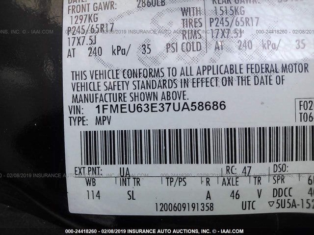 1FMEU63E37UA58686 - 2007 FORD EXPLORER XLT BLACK photo 9