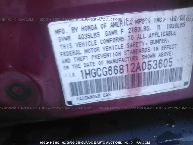 1HGCG66812A053605 - 2002 HONDA ACCORD EX/SE RED photo 9