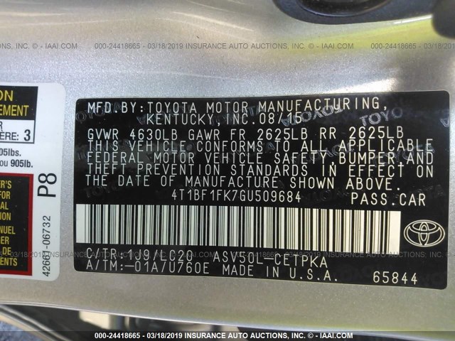 4T1BF1FK7GU509684 - 2016 TOYOTA CAMRY LE/XLE/SE/XSE SILVER photo 9