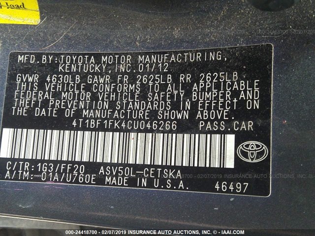 4T1BF1FK4CU046266 - 2012 TOYOTA CAMRY SE/LE/XLE GRAY photo 9
