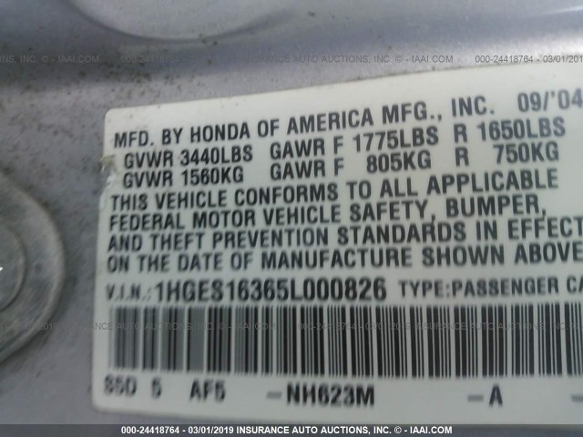 1HGES16365L000826 - 2005 HONDA CIVIC DX VP 银色 照片 9