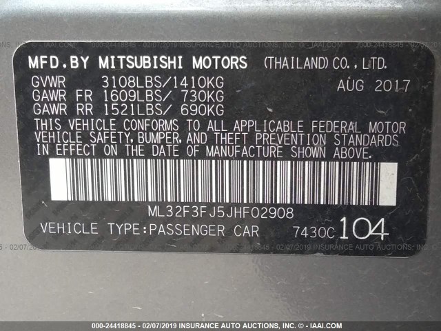 ML32F3FJ5JHF02908 - 2018 MITSUBISHI MIRAGE G4 ES Boz foto 9