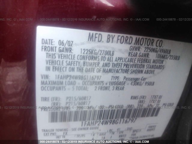 1FAHP24W98G116797 - 2008 FORD TAURUS SEL MAROON photo 9