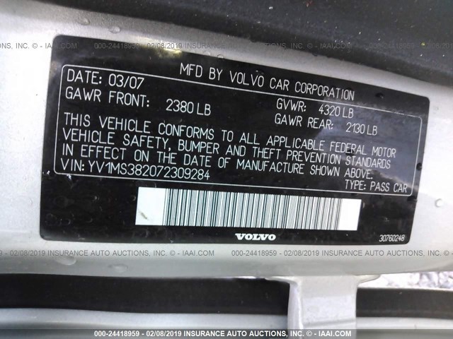 YV1MS382072309284 - 2007 VOLVO S40 2.4I SILVER photo 9