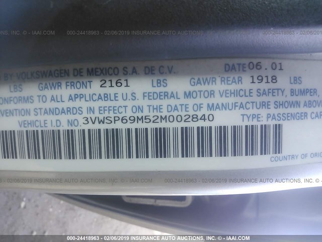 3VWSP69M52M002840 - 2002 VOLKSWAGEN JETTA GLS TDI SILVER photo 9